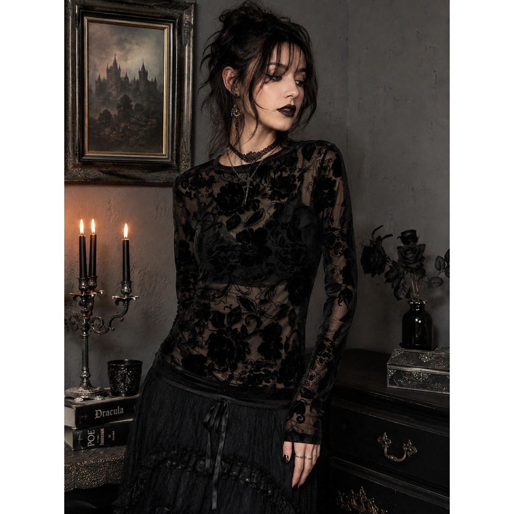 White Birch Black Burnout Velvet Floral Mesh Sheer Top Goth Dark Academia L